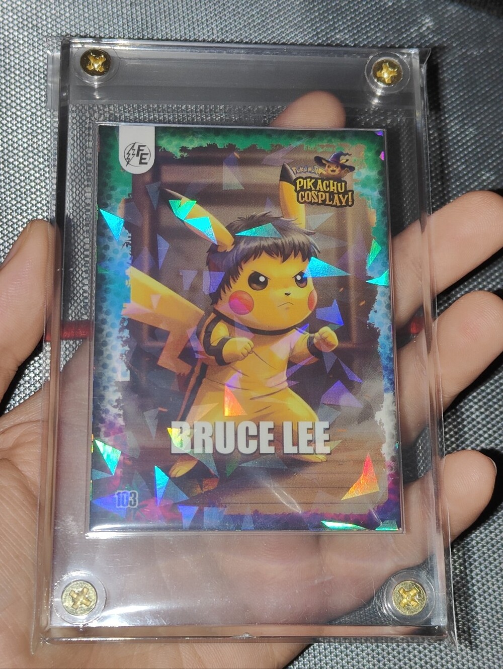 Bruce Lee Cracked Ice holo encased Pikachu Cosplay Horror card Doujin Pokemon